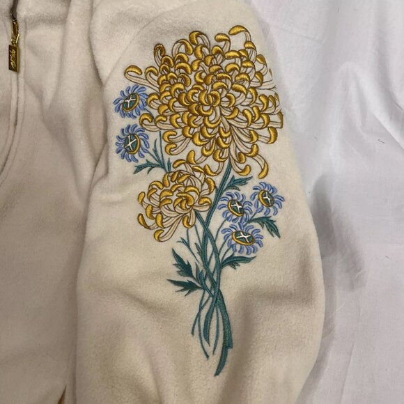 Bob Mackie Wearable Art Jacket Size L Embroidered Floral Full Zip Fleece Cream - Picture 8 of 14